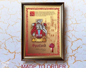 Family Surname & Coat of Arms short Historys,designed as an original heraldic composition and 3D seal. Print. Decorative frame. Family Crest