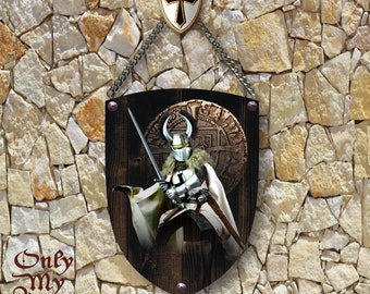 Medieval Teutonic Knight оn wooden shield with old real nails.