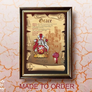 Family Surname & Coat of Arms short Historys,designed as an original heraldic composition and 3D seal. Print. Decorative frame. Family Crest