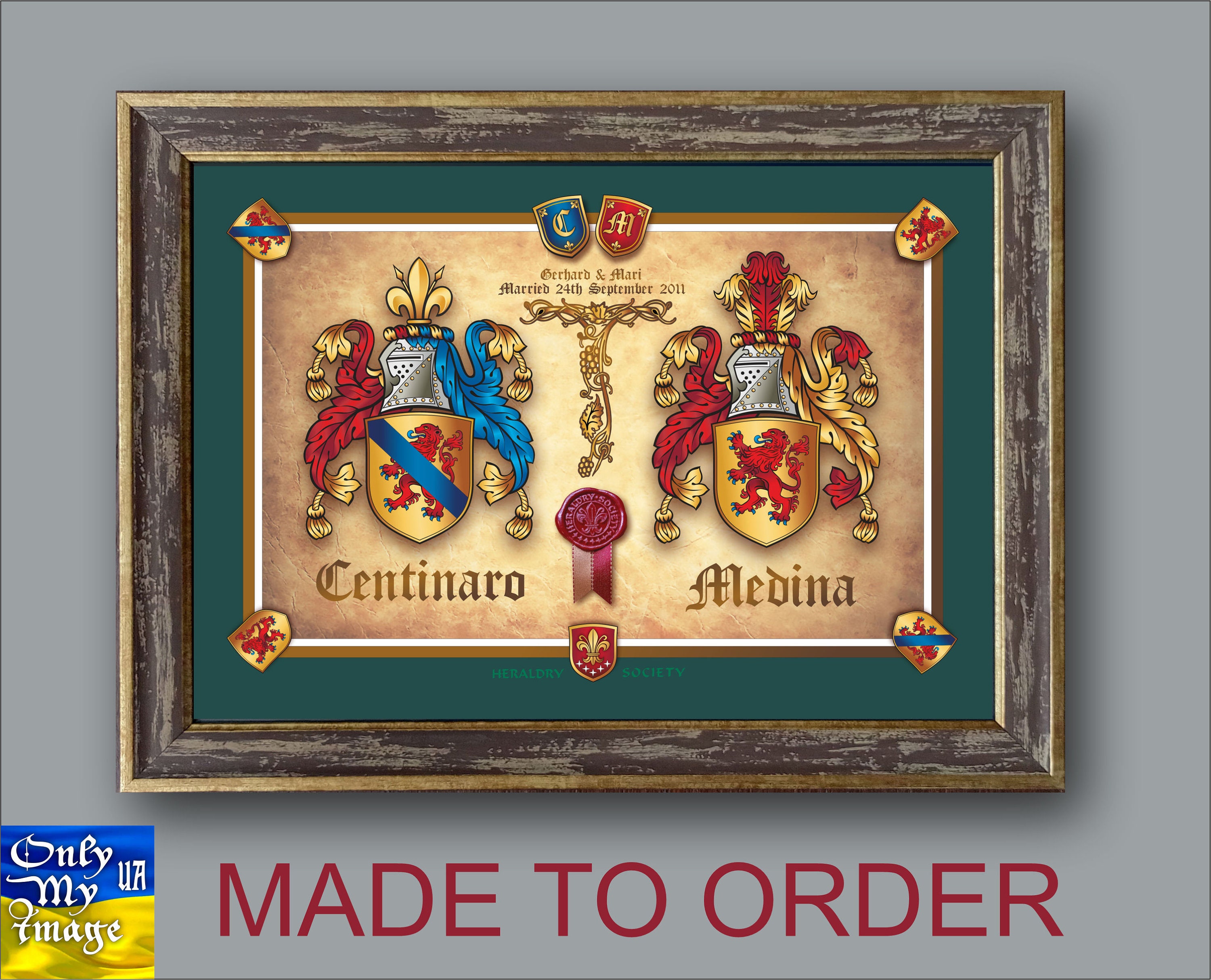 20"х15" Bride and Groom Gift - Wedding Plaque with Double Coat of Arms with 3D Shields and Real Wax Seal.Family heirloom. Ukrainian shop