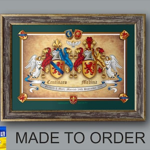 Doubles armoiries de mariage de 20 po. à 15 po. avec boucliers 3D et sceau de cire véritable. Objet de famille. Boutique ukrainienne