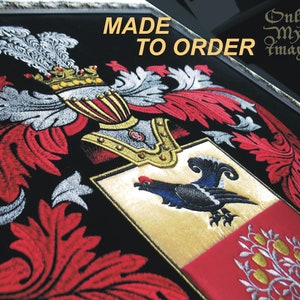Estimated Cost: Embroidery Heraldry Design + First Copy.Embroidered Coat of Arms on a dark velvet using our own technique. Ukrainian shop