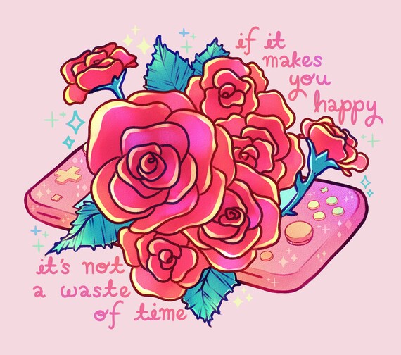 pink nintendo switch rose self care quote poster - mini print 7 x 5 in