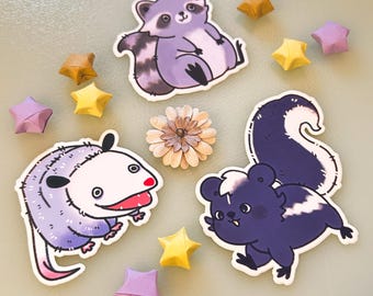 raccoon skunk possum sticker set — trash trio stickers