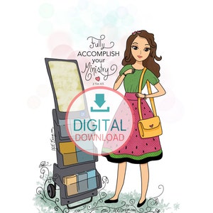 Puede incluir: Una ilustración digital descargable de una mujer con una camisa verde y una falda de sandía que lleva un bolso amarillo. El texto "Fully Accomplish Your Ministry" está escrito en cursiva sobre su cabeza. El texto "2 Tim 4:5" está escrito debajo del texto en cursiva. El texto "DIGITAL DOWNLOAD" está escrito en una fuente grande debajo de la mujer. El texto "ADC Design.com 2023" está escrito en una fuente más pequeña debajo de la mujer.