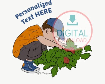 Personalized Art. Boy Picking up strawberries. Digital Download. Printable. jw friends. jw amigos. jw niños. jw kids. jw pioneers.