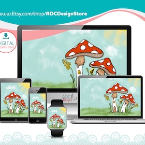 Personalized. Mushroom House. Wallpaper for Tablet, mobile device or Watch Face. Digital Print. Wal art