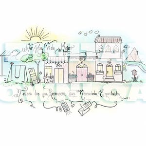 Puede incluir: Una ilustración acuarela caprichosa de una escena callejera con edificios, un columpio y una montaña. Se incluye el texto "No Hay Vida Mejor" y "Felices los que Reconocen sus Necesidades Espirituales".