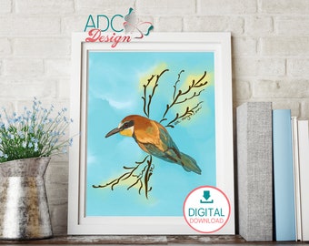 Personalized. Colorful Bird. Blue sky. Wallpaper for Tablet, mobile device or Apple watch. Digital Print. Wall Art.