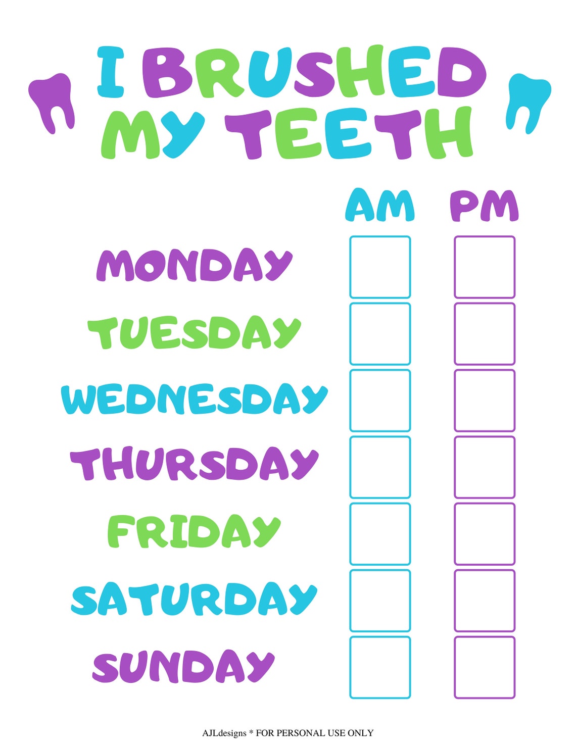Tooth Brushing Chart Printable INSTANT DOWNLOAD Etsy Canada