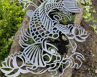 Koi Fish and Lotus Flowers Metal Art, Metal Works Home Decoration, Japanese Art Zen Garden, Meditation Gifts Sculpture, Koi Metal Sculpture