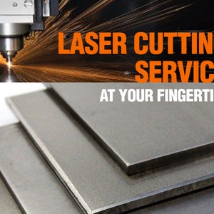 May include: Close-up of a laser cutting machine with a beam of light cutting through metal sheets. The image also shows a stack of metal sheets, suggesting a laser cutting service. The text on the image reads "LASER CUTTING SERVICE AT YOUR FINGERTIPS".