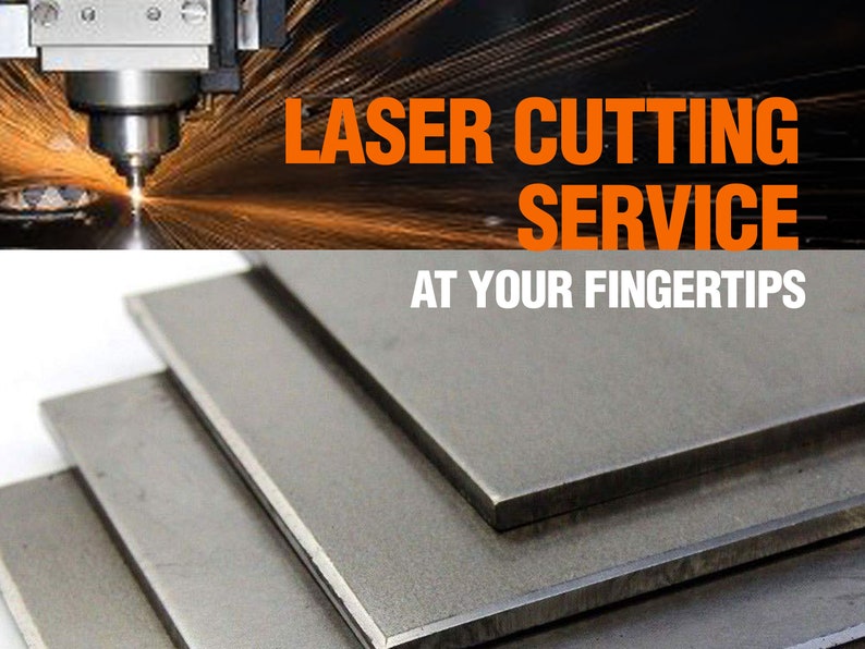 May include: Close-up of a laser cutting machine with a beam of light cutting through metal sheets. The image also shows a stack of metal sheets, suggesting a laser cutting service. The text on the image reads "LASER CUTTING SERVICE AT YOUR FINGERTIPS".