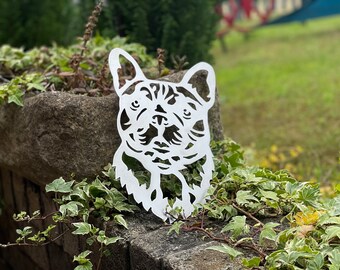 Sculpture d'art de jardin chien bouledogue français, ornement de jardin, sculpture de jardin en métal, cadeau commémoratif pour animal de compagnie, cadeau de sympathie pour animal de compagnie, chien en métal rustique