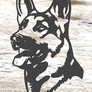 May include: Black and white silhouette of a German Shepherd dog's head with its tongue sticking out.