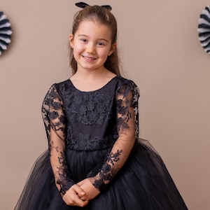 Black Lace Tulle Flower Girl Dress: V-Back Satin Bow Gown