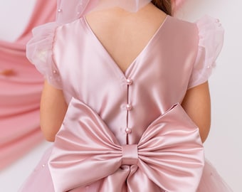 Blush Pink Pearl Short Sleeve Tulle Flower Girl Wedding Dress: Satin Bodice, Bow Accent