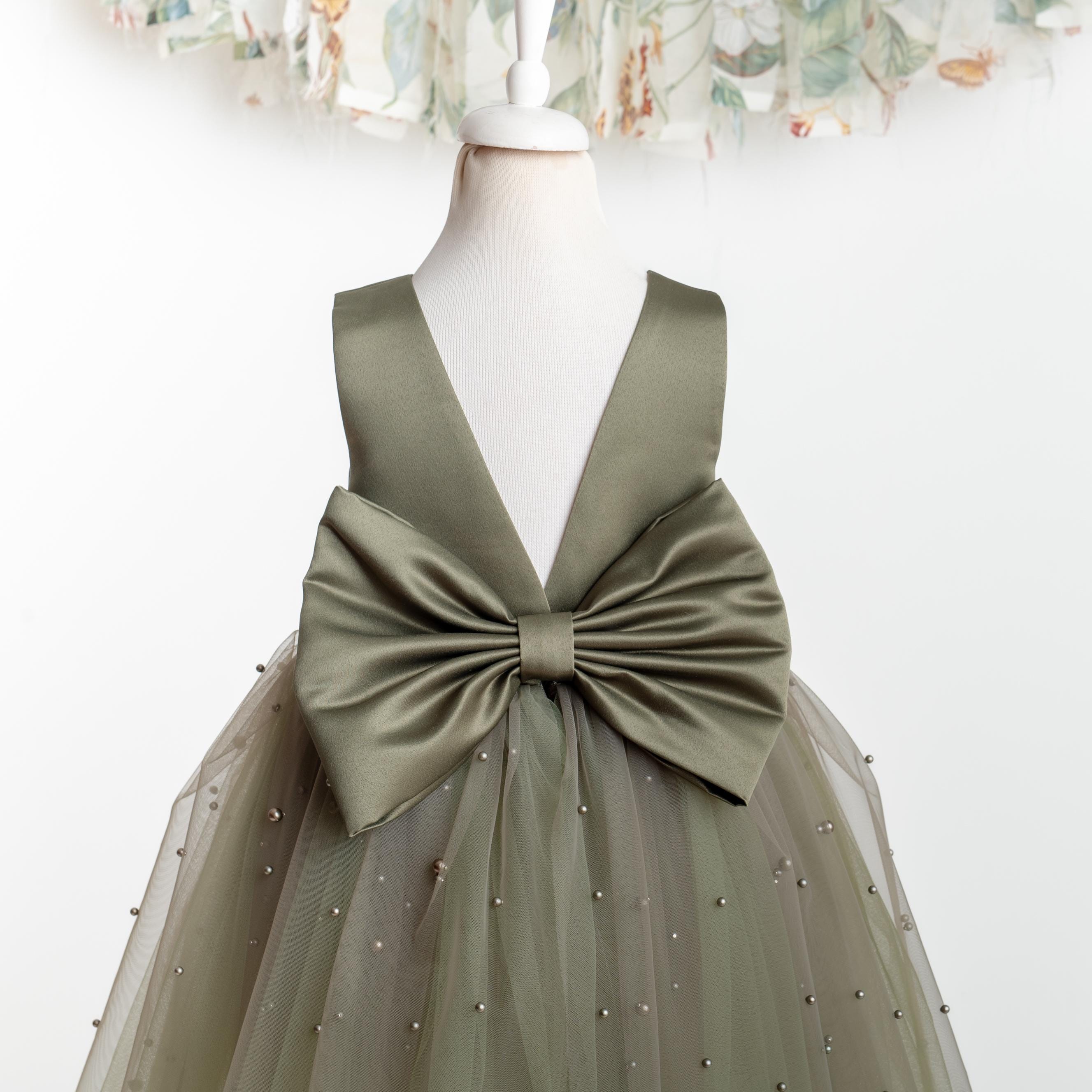 open lace back dress BABARONI Long Sleeves Modest Junior Bridesmaid Dresses Olive Green, Olive Green / J4