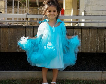 Blue Pompom Baby Tulle Dress, First Birthday Dress, Cake Smash Outfit Girl, Flower Girl Princess Dress, Photoshoot Outfit, Blue Tutu