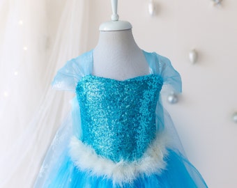 Girls Princess Elsa Costume Dress For Elsa Cosplay, Girls Elsa Birthday Party and Elsa Girls Fancy Dress up, Princess Flower Elsa Dress