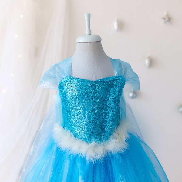 Girls Princess Elsa Costume Dress For Elsa Cosplay, Girls Elsa Birthday Party and Elsa Girls Fancy Dress up, Princess Flower Elsa Dress