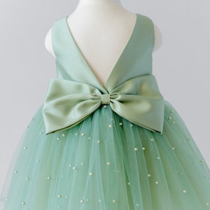 Sage Green Tulle Flower Girl Dress: Pearl & Bow Rustic Wedding Gown