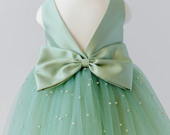 Sage Green Flower Girl Dress for Fall Wedding: Pearl & Bow Rustic Wedding Gown
