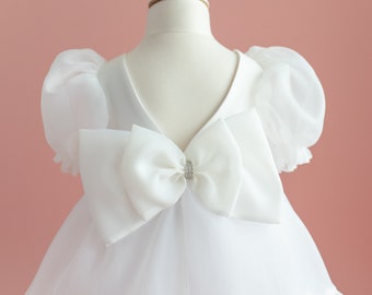 Robe de demoiselle d'honneur, robe en organza blanc, tenue d'anniversaire, robe de communion, robe de princesse, robe de soirée pour tout-petit, déguisement, voile, sac à main