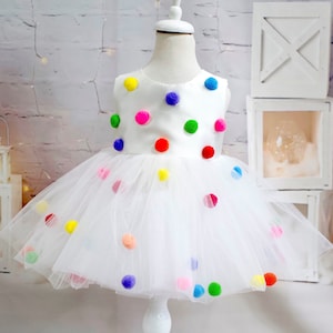 Pompom Tulle Baby Girl Dress: Rainbow Fluffy Costume