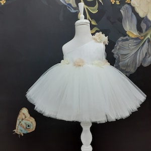 One Shoulder Flower Girl Tutu Dress: Knee Length Wedding Communion Gown