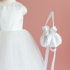 Abito da sposa per ragazza di fiori in raso di tulle perlato, abiti da comunione, abiti da battesimo, abiti formali, abito da compleanno, lunghezza al ginocchio, grande fiocco, scollo a V immagine 7