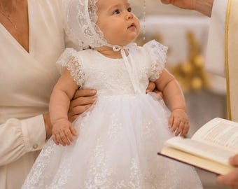 Baptism Dress for Girl | Christening Gown Set | Lace Handmade Bonnet and Shoes
