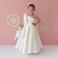 Ivory Satin Flower Girl Dress: One-Shoulder Gown with Bow, Personalized Bag