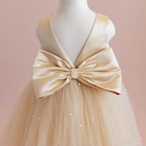 Champagne Pearl Tulle Flower Girl Dress: Elegant Satin Bow Gown