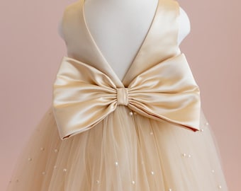 Vestido de niña de flores de tul color champán con perlas y elegante lazo de satén - Vestido de novia para niñas