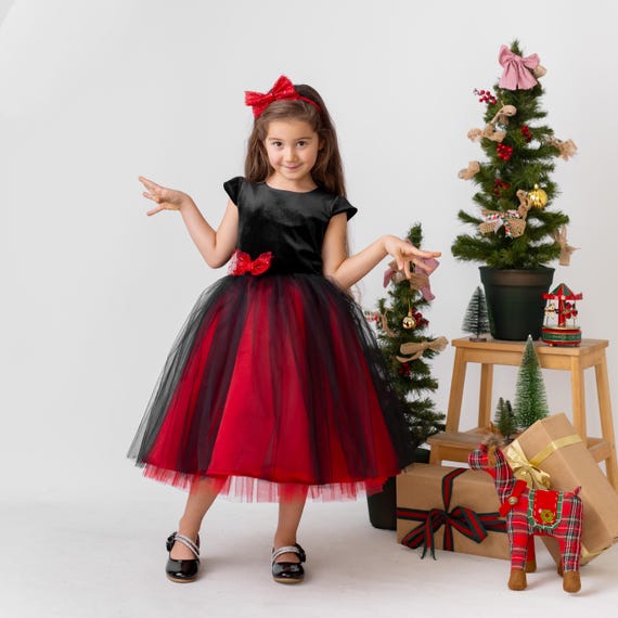 Red and Black Sparkly Birthday Holiday Dress, Velvet Flower Girl Dress