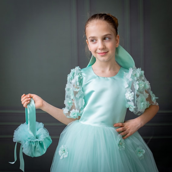 girls mint green dress Satin Flower Girl with Flower Hairbow Reorder