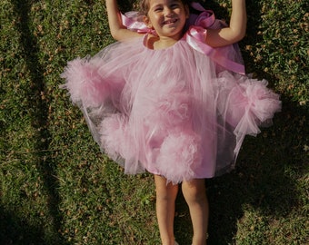 Pink Pompom Baby Tulle Dress, First Birthday Dress, Cake Smash Outfit Girl, Flower Girl Princess Dress, Photoshoot Outfit, Pink Tutu