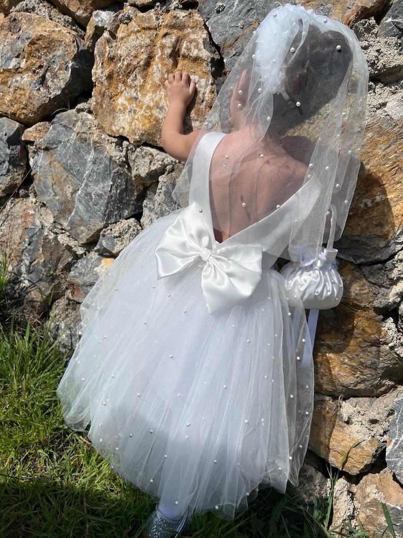 Abito da sposa per ragazza di fiori in raso di tulle perlato, abiti da comunione, abiti da battesimo, abiti formali, abito da compleanno, lunghezza al ginocchio, grande fiocco, scollo a V immagine 8