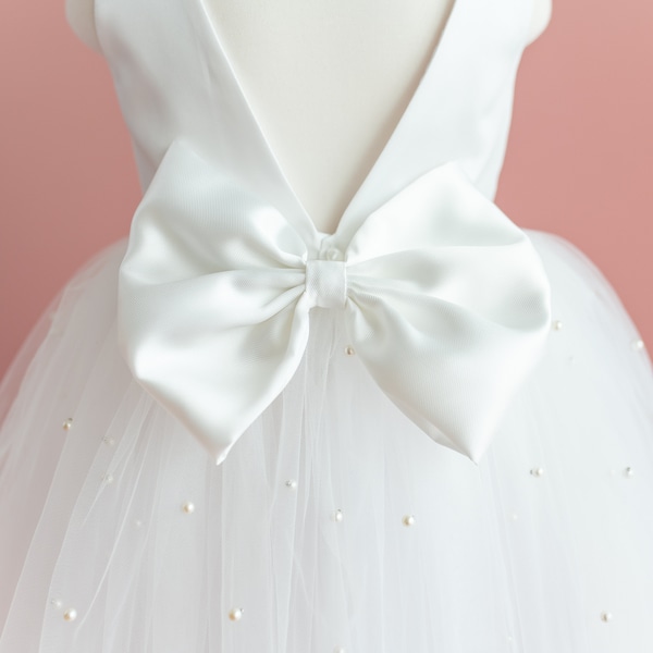 Pearl Tulle Satin Flower Girl Wedding Dress, Communion Dresses, Baptism Dresses,Formal Dresses, Birthday Dress, Knee length, Big Bow, V-Neck