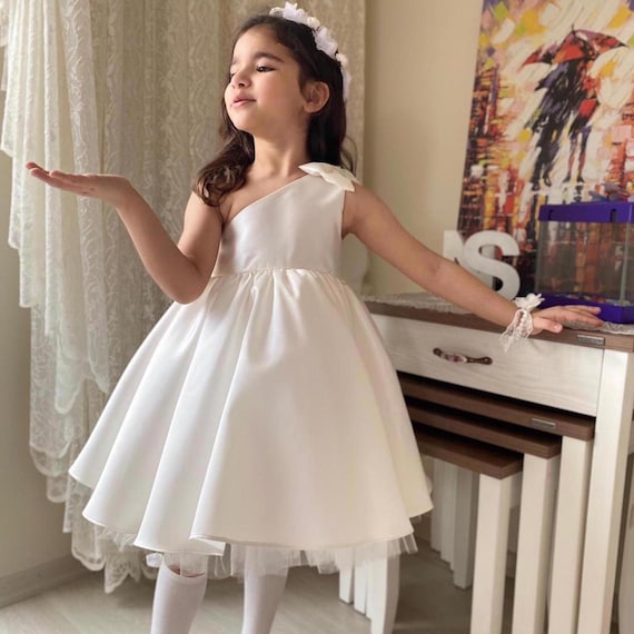 Satin Flower Girl Wedding Tulle Dress Communion Dresses Baptism Dresses formal Dresses Birthday Dress Knee Length Big Bow One Shoulder Etsy