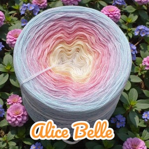 Può includere: Gomitolo di lana con sfumatura di colore, dal celeste al rosa e al giallo. L'etichetta "Alice Belle" è in arancione. Circondato da fiori rosa e viola. Ideale per progetti di maglia e uncinetto.