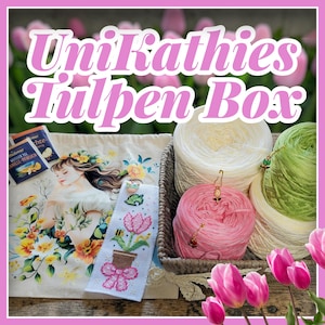 Tulpen Box inkl. Bobbelbeutel-Blumenmädchen - passend zum CAL, 1x Meliert Weiß-Vanille 5fach, 1x Uni Blattgrün 5fach, 1x Meliert Rosa-Candy