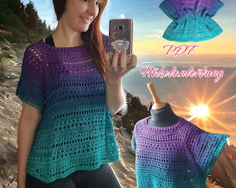 Kleines Kornblumen Shirt, Ein Raglan Shirt , PDF Datei auf Deutsch mit Handschriftlicher Häkelschrift