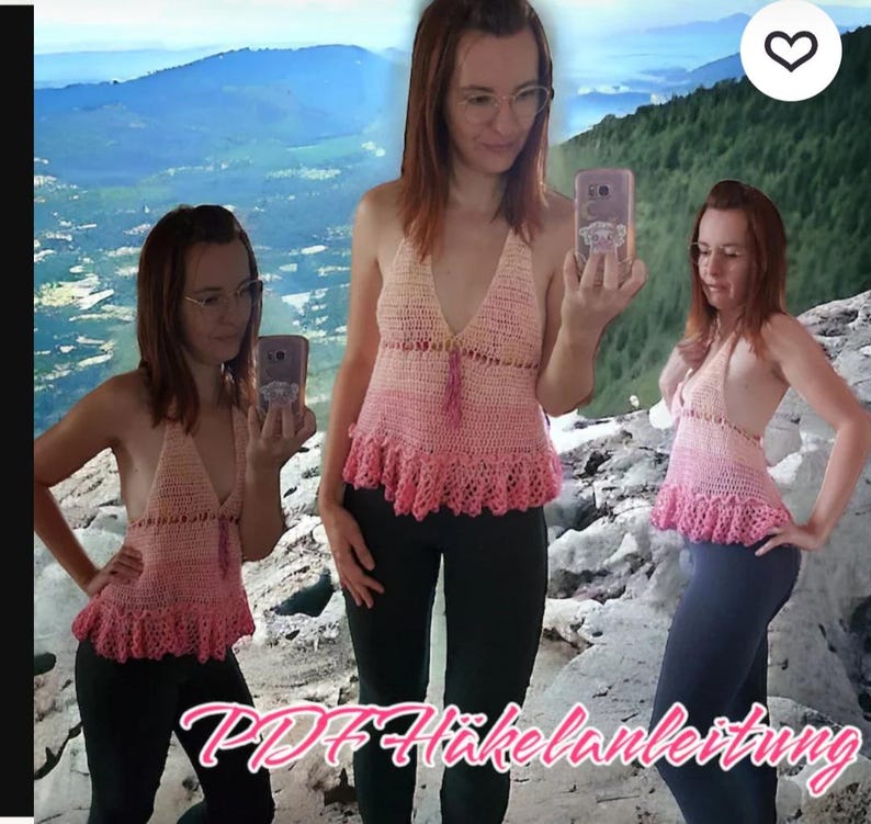 Puede incluir: Top de ganchillo hecho a mano, estilo halter, en tonos rosa y melocot&oacute;n. El top presenta un escote en V profundo, un dobladillo con volantes y un detalle de borla. La imagen muestra el top puesto.