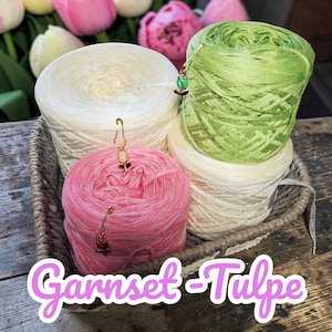 Garnset "Tulpe" passend zum Tulpen-CAL, 1x Meliert Weiß-Vanille 5fach, 1x Uni Blattgrün 5fach, 1x Meliert Rosa-Candy