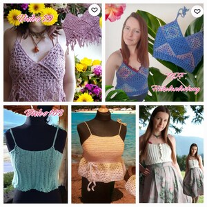 Puede incluir: Un collage de tops de ganchillo en varios colores y estilos. Los tops incluyen un top envolvente lavanda, un top geom&eacute;trico azul, un top corto verde menta y un top beige con dobladillo con volantes. La imagen tambi&eacute;n incluye el texto "Video 29" y "Video 103".