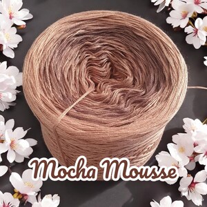 Puede incluir: Una madeja de hilo marrón degradado con el texto "Mocha Mousse" en letras marrones.