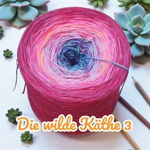 May include: A large ball of yarn with a gradient of colors, transitioning from deep magenta to lighter pinks, blues, and yellows. The text "Die wilde Käthe 3" is displayed in orange. The yarn is surrounded by small green succulents and pencils.