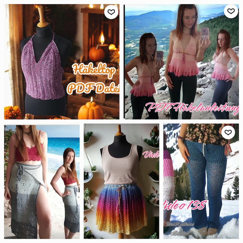 Puede incluir: Una colecci&oacute;n de prendas de ganchillo hechas a mano, que incluye un top halter morado, un top rosa con dobladillo con volantes, una falda gris con abertura alta, una falda arco&iacute;ris y pantalones azules de ganchillo. La imagen incluye el texto "H&auml;keltop PDF Datei" y "PDF H&auml;kelanleitung".